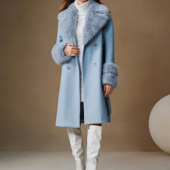 Blue And White Elegant Women's Faux Fur Collar Wool Blend Long Belted Coat - Picture 4 of 8